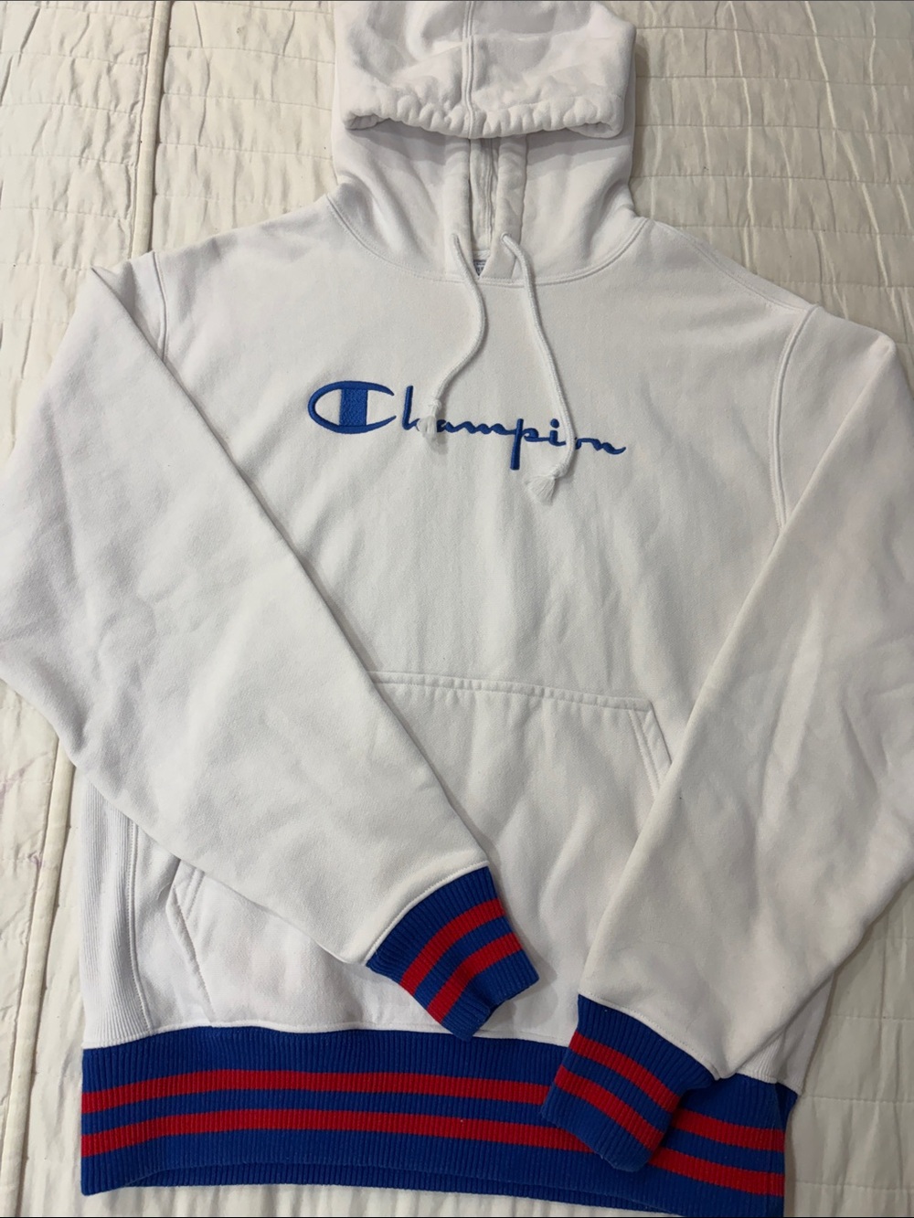 Champion Reverse Weave White Hoodie with Blue Script with Blue-Red Stripes